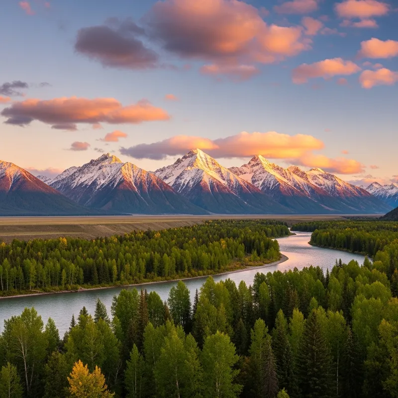 Serene Landscape: River, Forest & Majestic Mountains