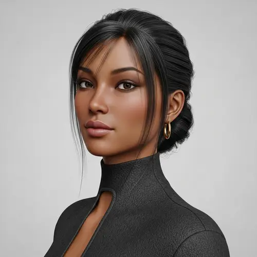 Modern 3D Render of Elegant Short Brown Lady with Long Black Hair