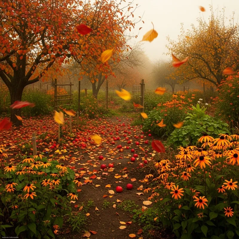 Melancholic Autumn Garden: Decaying Splendor and Blooming Beauty