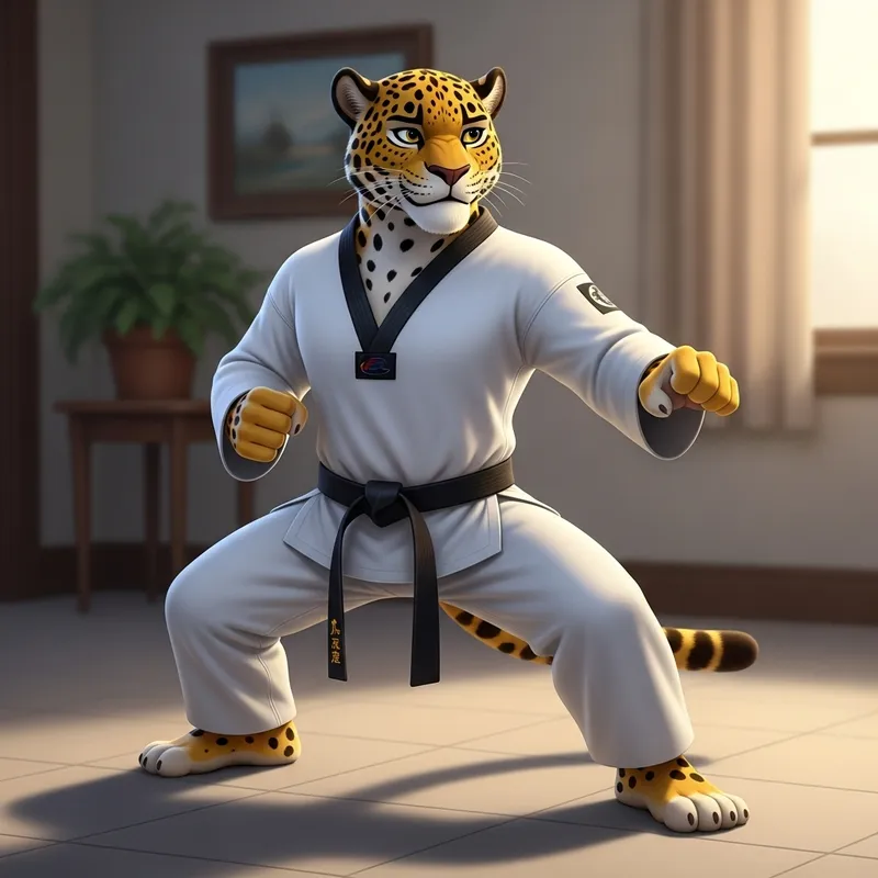 Animated Jaguar Warrior in Taekwondo Dobok