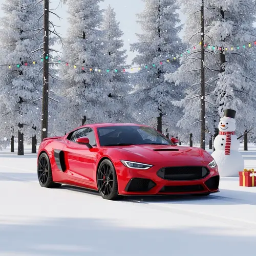 Festive Red Sports Car in Snowy Winter Scene