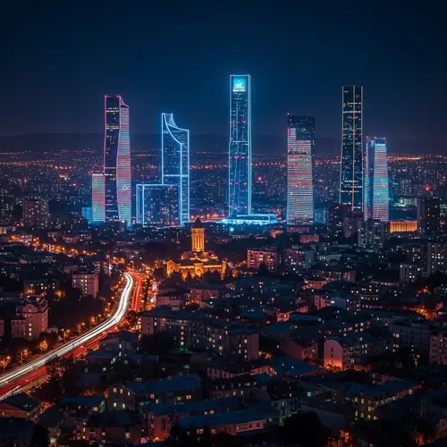 Futuristic Cyberpunk Tbilisi: Neon-lit Skyscrapers at Night