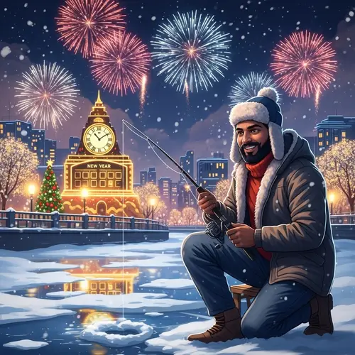 Urban Winter New Year Celebration with Festive Fishing Activity