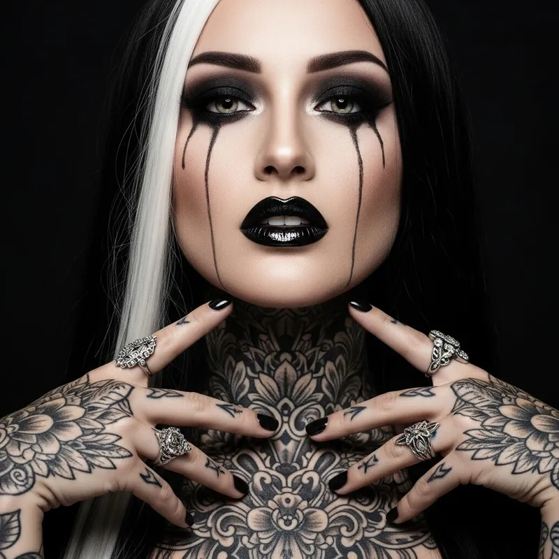 Alluring Femme Fatale: Dark Makeup, Ornate Tattoos & Dramatic Pose