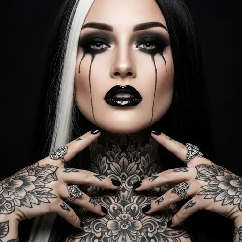 Captivating Woman with Dark Makeup and Intricate Tattoos