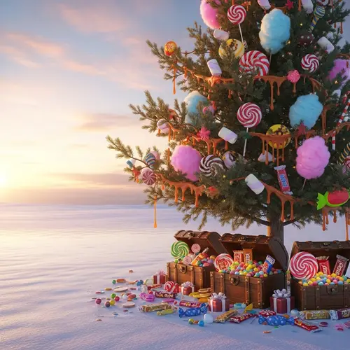 Snowy Field Pine Tree with Sweet Treat Decorations