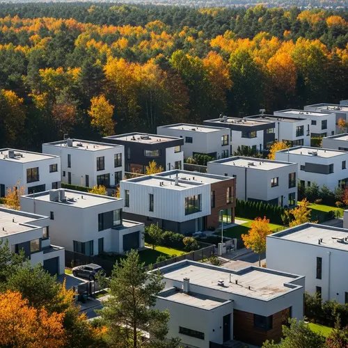 Modern Flat Houses Among Colorful Forest Landscape