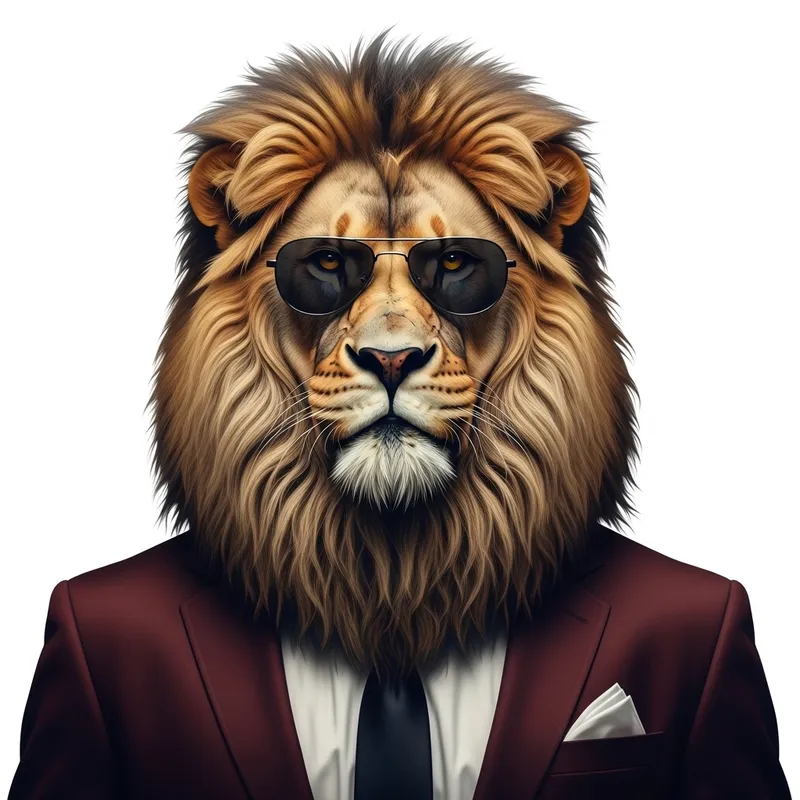 Realistic Lion Art: Alpha Roaring in Maroon Suit with Stylish Sunglasses