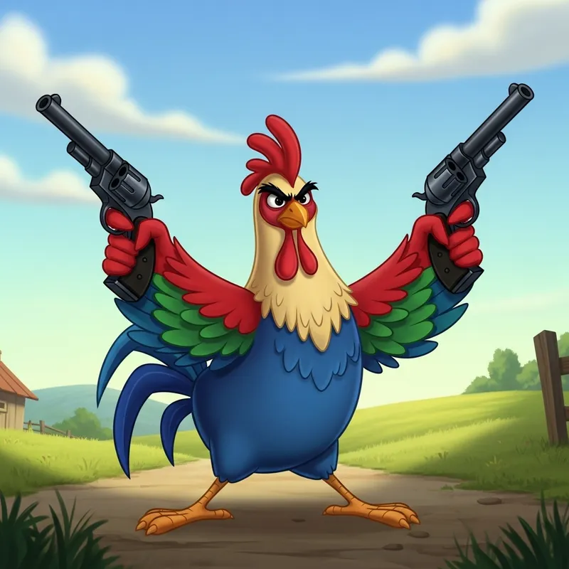 Fearless Chicken with Dual Pistols | Rustic Countryside Scene