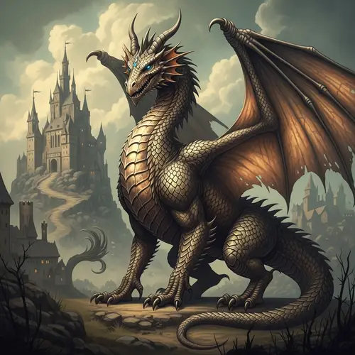 Majestic Dragon: Antique Gold and Bronze Scales | Old Castle Scene