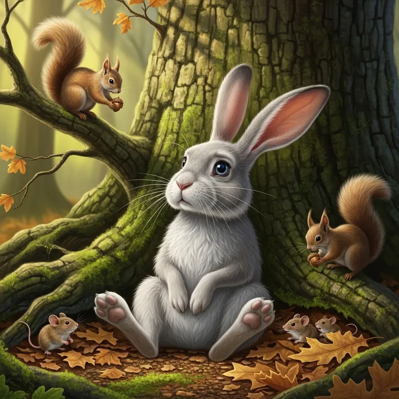 Wise Rabbit in the Forest with Squirrels and Mice