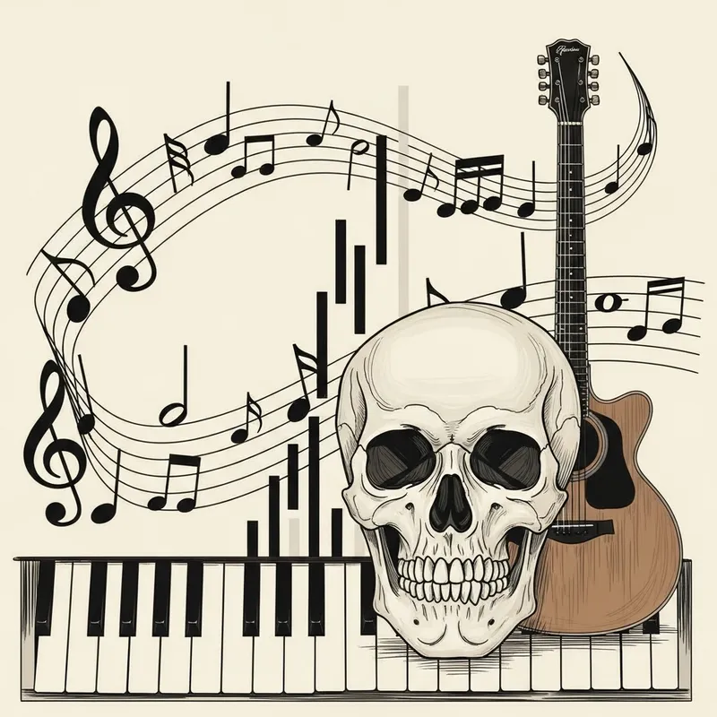 Musical Harmony: Notes, Piano, Guitar & Skull Art Musical Harmony: Notes, Piano, Guitar & Skull Art