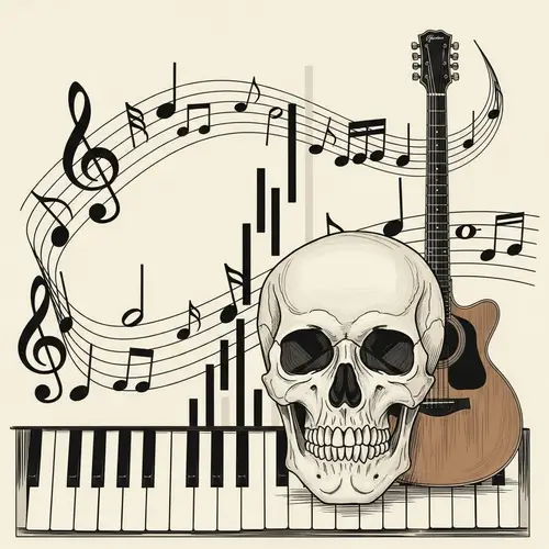 Musical Harmony: Notes, Piano, Guitar & Skull Art