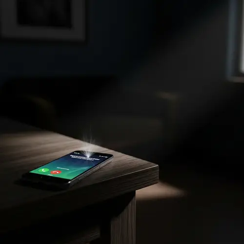 Dark Home Scene: Mobile Phone Ringing on Wooden Table