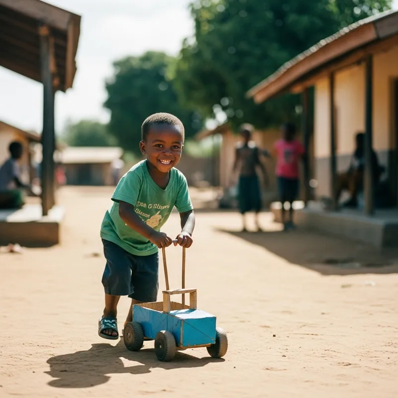 Cheerful African Boy Playing Homemade Toy Car in Sunny Village