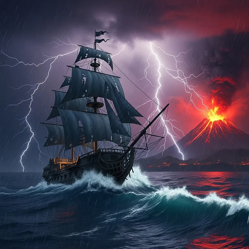 Spectral Pirate Ship Confronts Thunderstorm and Erupting Volcano