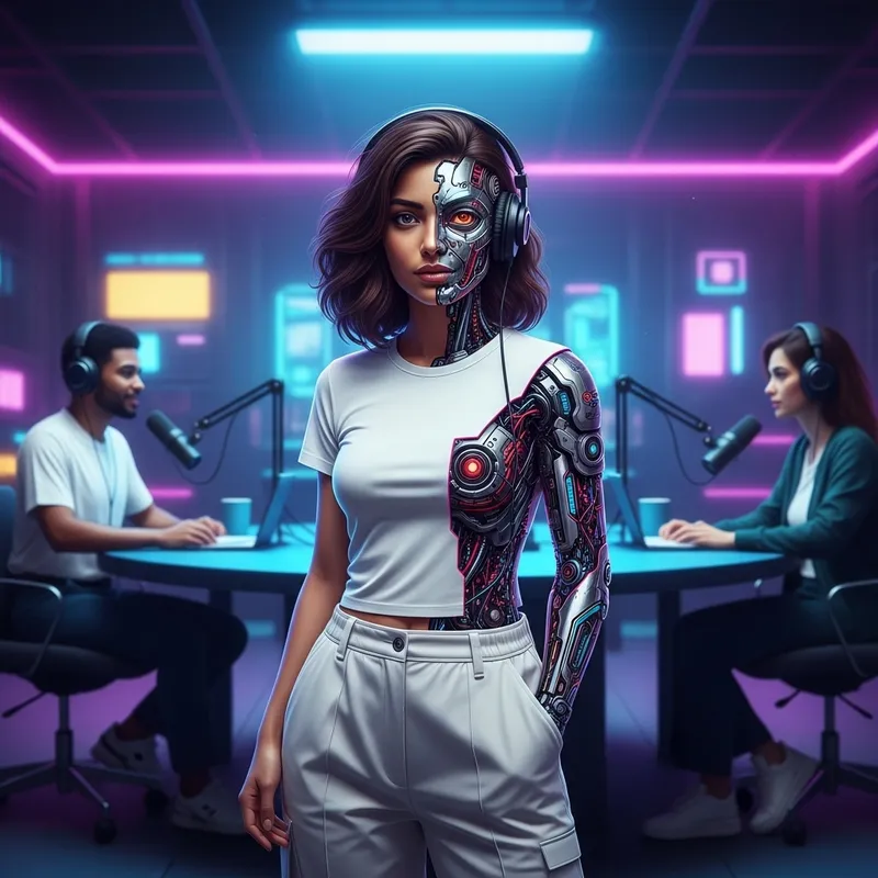 Futuristic Middle-Eastern Robot Woman Making Podcast in Neon-Colored Office