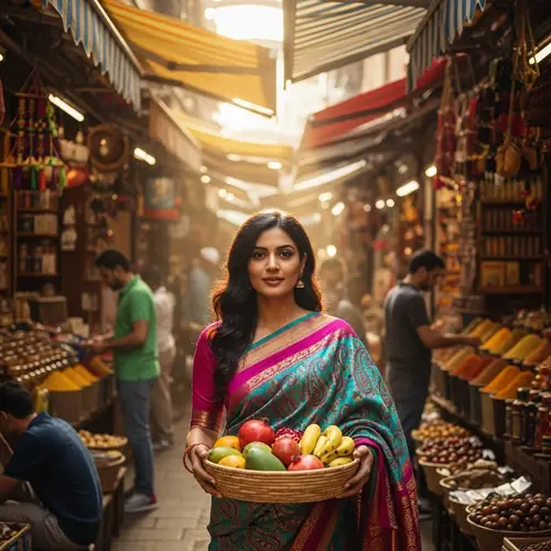 Colorful South Asian Woman in Traditional Sari at Market