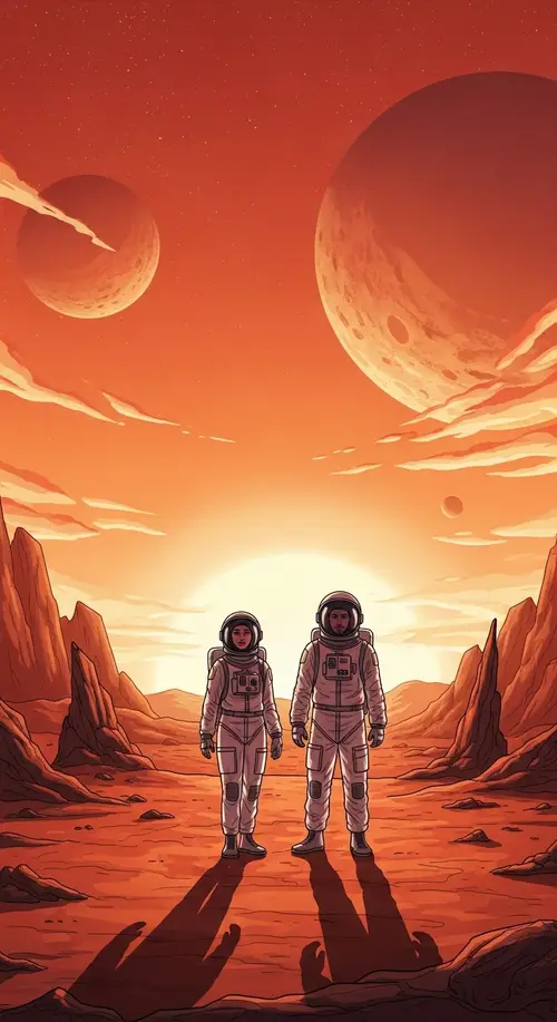 Astronauts on Martian Landscape: Graphic Novel Space Exploration