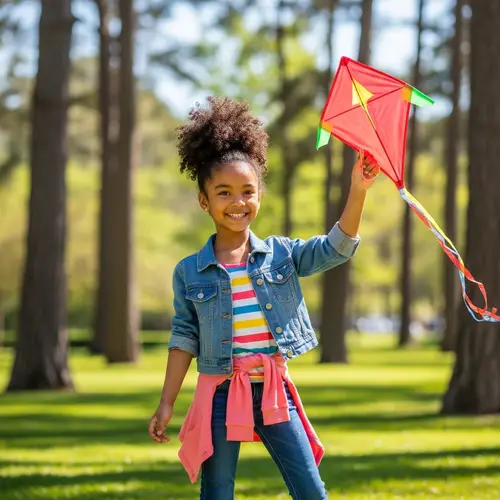 Smiling Young Girl with Red Kite in Colorful Attire | Sunny Park Scene