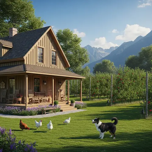 Picturesque Farm House: Rustic Two-Storied Structure with Apple Orchard