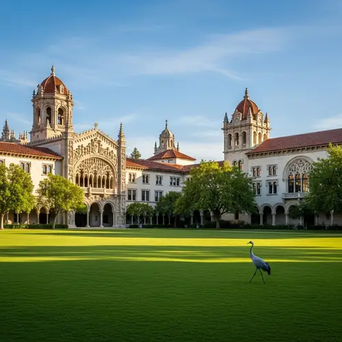 Spanish Architecture at La Sabana University with Graceful Cranes