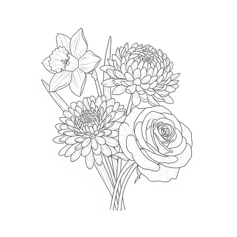 Daffodil Chrysanthemum Rose Bouquet Line Art Illustration Daffodil Chrysanthemum Rose Bouquet Line Art Illustration