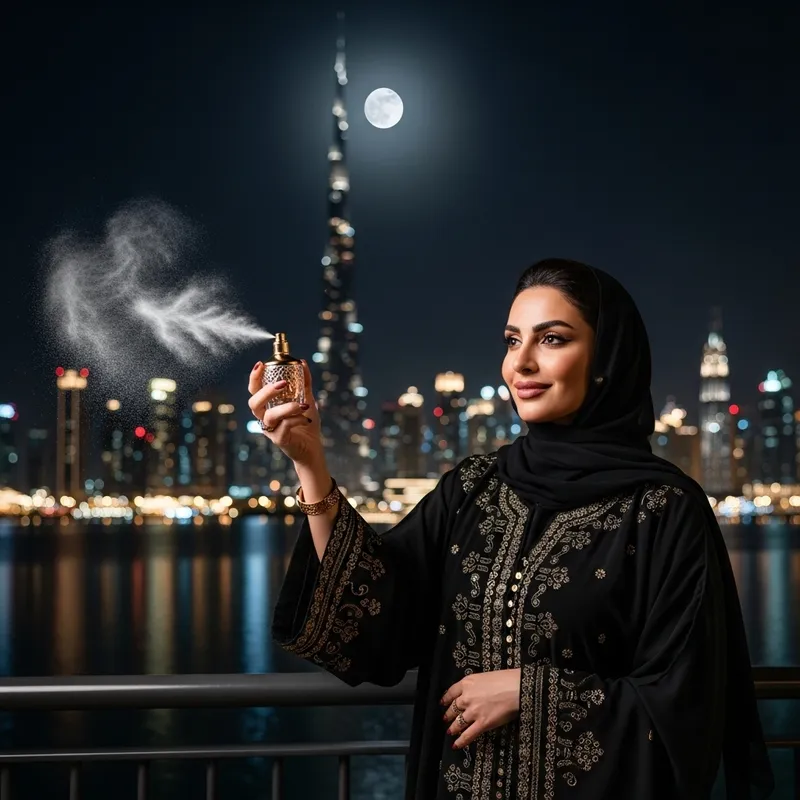 Beautiful Arab Woman Sprinkling Perfume Under Dubai Night Sky