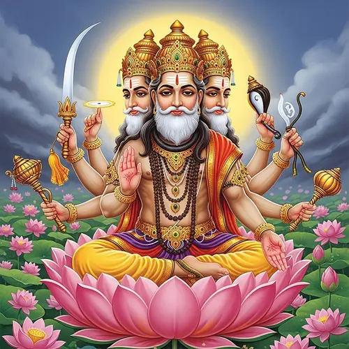 Lord Brahma: Three-Faced Divine Figure in Lotus Pose
