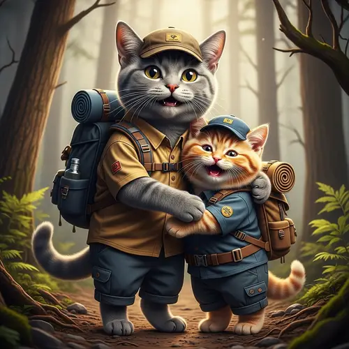 Realistic Grey Cat and Ginger Kitten Hiking Duo in Forest
