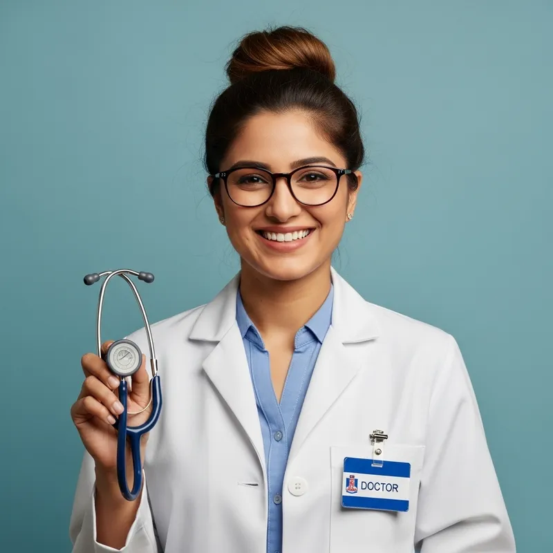 Smiling South Asian Woman Doctor on Blue Background