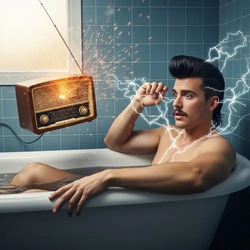 Vintage Greaser Style Man 'Electrocuted' in Bathtub