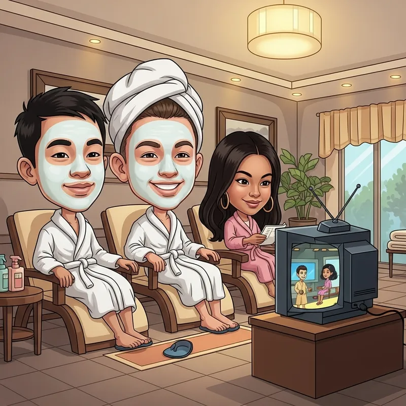 Whimsical Spa Day Caricature: Boys Relaxing, Girl Watching TV in Serene Spa Setting