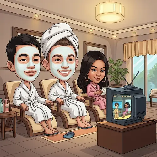 Whimsical Spa Day Caricature: Boys Relaxing, Girl Watching TV