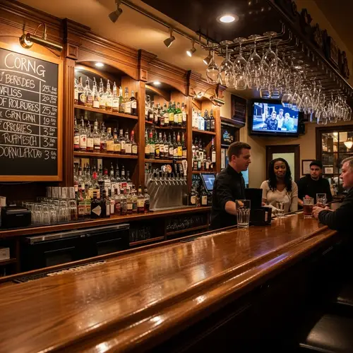 Traditional Style Bar Interior with Polished Dark Oak Bar Top