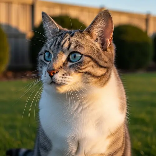 Graceful Domestic Shorthair Cat with Sapphire Blue Eyes on Green Grass