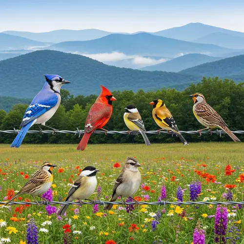 Idyllic Bird Scene with Vibrant Flowers & Blue Ridge Mountains