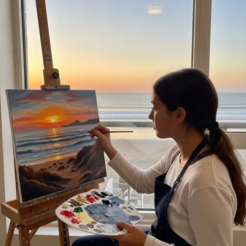 Hispanic Girl Painting in Romantic Style with Turner-Inspired View