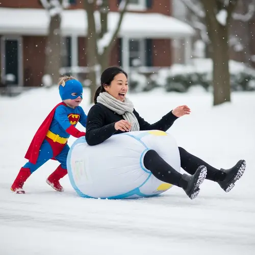 Cinematic Snow Slide: Toddler Superhero and Woman in Snow Diaper Joy