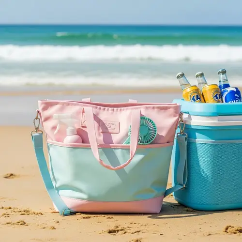 Vibrant Beach Scene with Pastel Beach Bag, Cooler, and Refreshments