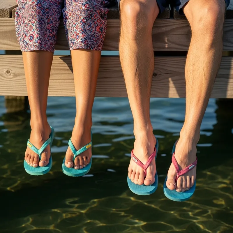 Dangling Feet in Flip Flops | Wooden Dock Scene