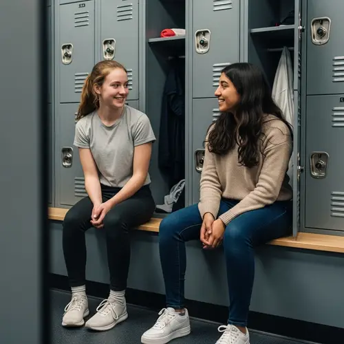 Candid Moments: Two Girls in Modern Locker Room
