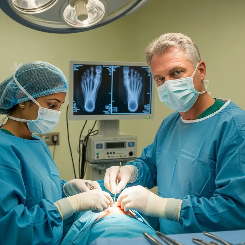 Experienced Grey-Haired Surgeon in Sterile Room Operating on Foot