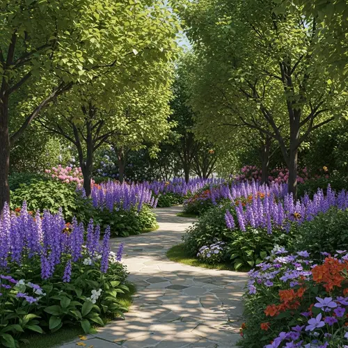 Tranquil Garden with Violet Flowers | High-Quality Image