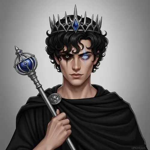 Son of Hades: Mythological Figure with Ebony Robe and Silver Scepter