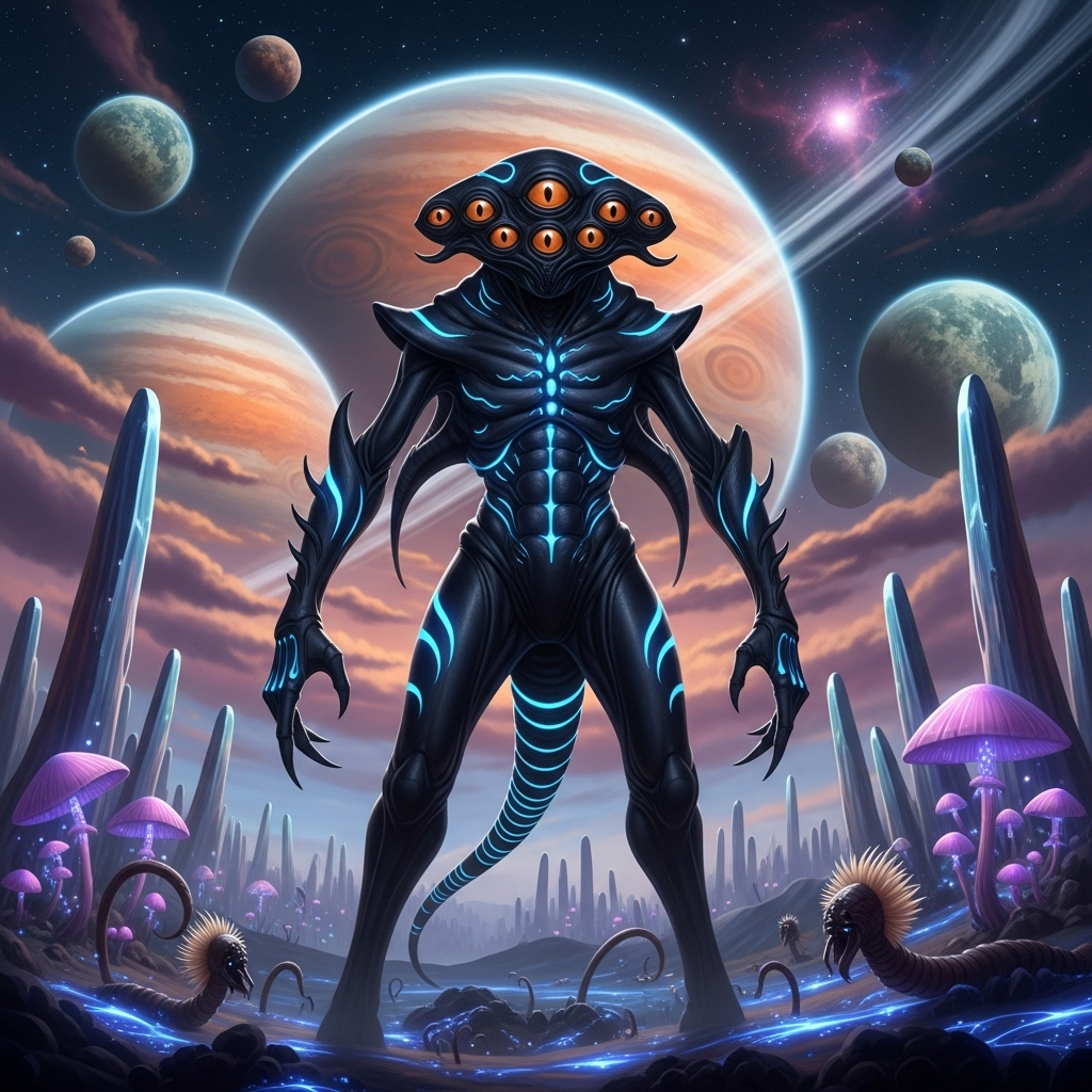 The Enigmatic Alien on Mysterious Alien Landscape | AI Art Generator |  Easy-Peasy.AI, image size:1024x1024