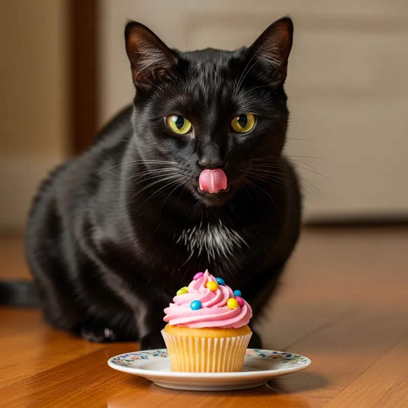 Adorable Black Cat Enjoying Cupcake