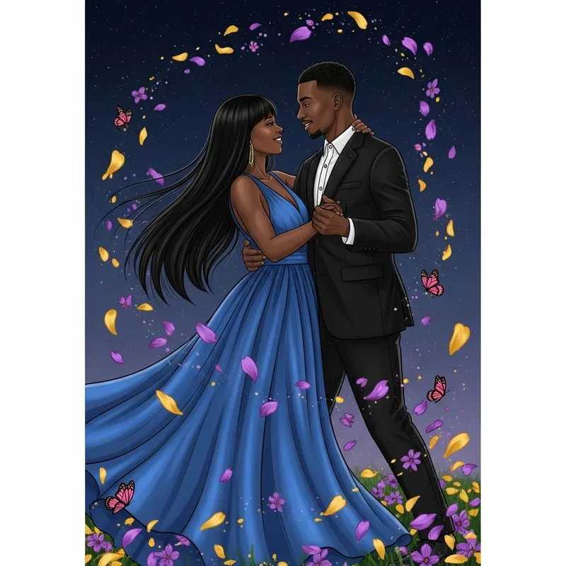 Expressive Love Dance: African-American Couple in Moonlit Serenade