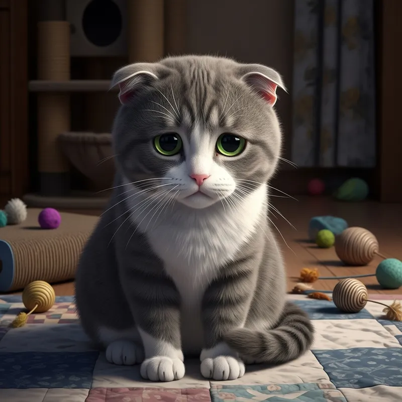 Sad Gray Cat with Droopy Ears | Indoor Cozy Scene