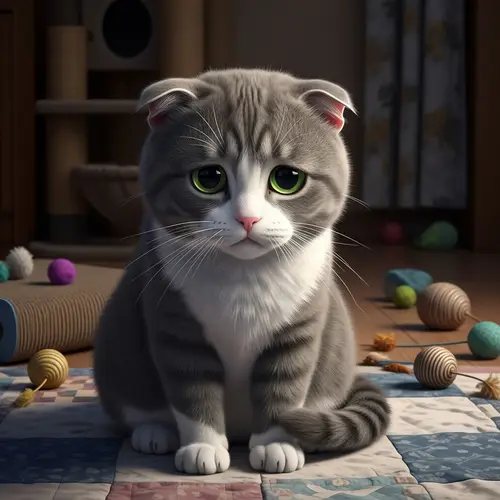 Melancholic Gray Feline with Droopy Ears | Cozy Indoor Scene